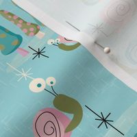 MidCentury Modern Snails-- Midcentury Atomic Snail over Aqua Background-- Pink Aqua Snails -- 18.00in x 15.43in repeat -- 350dpi (43% of Full Scale) 