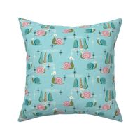 MidCentury Modern Snails-- Midcentury Atomic Snail over Aqua Background-- Pink Aqua Snails -- 18.00in x 15.43in repeat -- 350dpi (43% of Full Scale) 