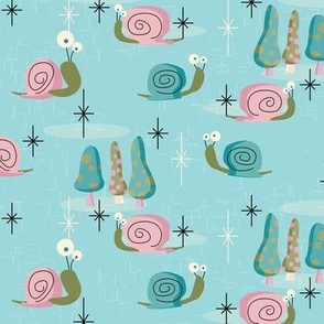 MidCentury Modern Snails-- Midcentury Atomic Snail over Aqua Background-- Pink Aqua Snails -- 18.00in x 15.43in repeat -- 350dpi (43% of Full Scale) 