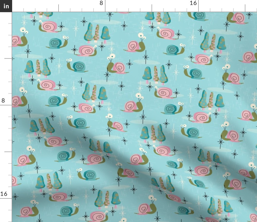 MidCentury Modern Snails-- Midcentury Atomic Snail over Aqua Background-- Pink Aqua Snails -- 18.00in x 15.43in repeat -- 350dpi (43% of Full Scale) 
