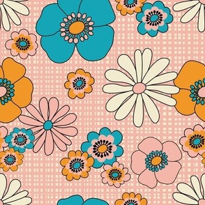 Big Summer Retro Flowers - Pink + Orange + Blue - LARGE