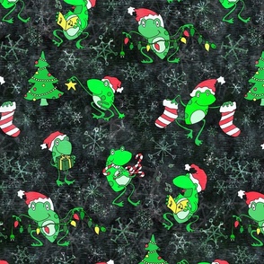 A Very Frog-gy Christmas -- Black Tones -- Cute Christmas Frogs over Black  -- 339dpi (44% of Full Scale)