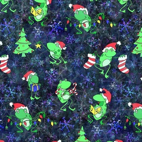 A Very Frog-gy Christmas -- Dark Blue Tones -- Cute Christmas Frogs over Blue Purple Tones -- 339dpi (44% of Full Scale)