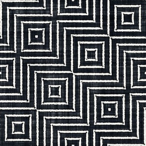 Geometric Optical Illusion Squares Batik Block Print in Graphite Black and Natural White (Medium Scale)