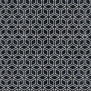 Geometric Isometric Cubes Batik Block Print in Graphite Black and Natural White (Medium Scale)