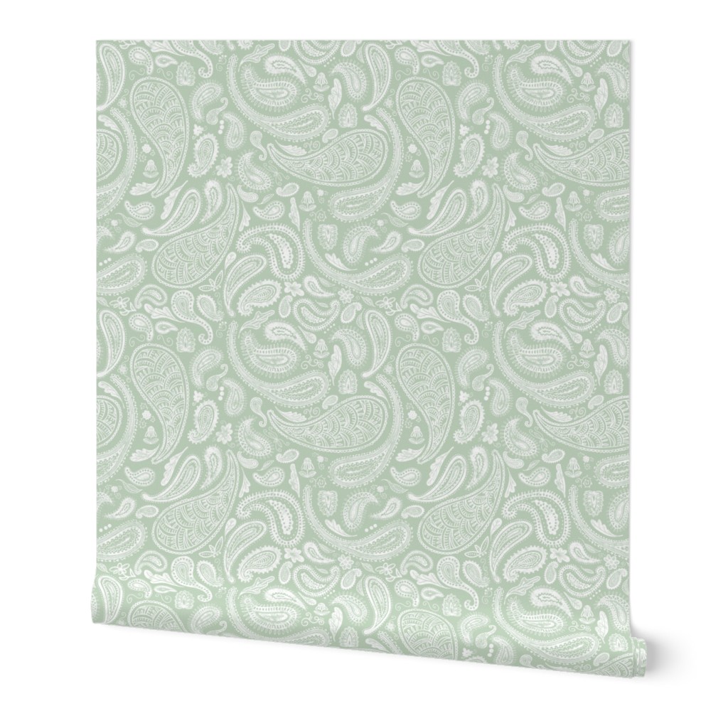 Modern Distressed Paisley, White on Sage by Brittanylane