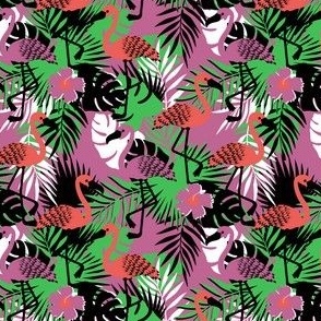 Flamingo Dance // Normal Scale // Monstera Tropical // Palm Leaf // Summer Time // Exotic Leaves // Coral Peony White Black Green background // Flamingo Design //  Paradise Forest // Exotic Birds // Black Leaves //