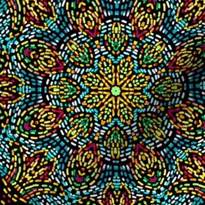 Kaleidoscope Mosaic Fleur de Lis and Drops in Turquoise and Yellow