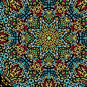 Kaleidoscope Mosaic Fleur de Lis and Drops in Turquoise and Yellow