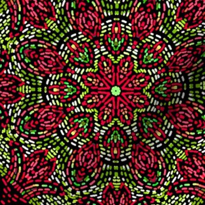 Kaleidoscope Mosaic Fleur de Lis and Drops In Christmas Red and Green