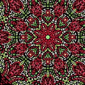 Kaleidoscope Mosaic Fleur de Lis and Drops In Christmas Red and Green