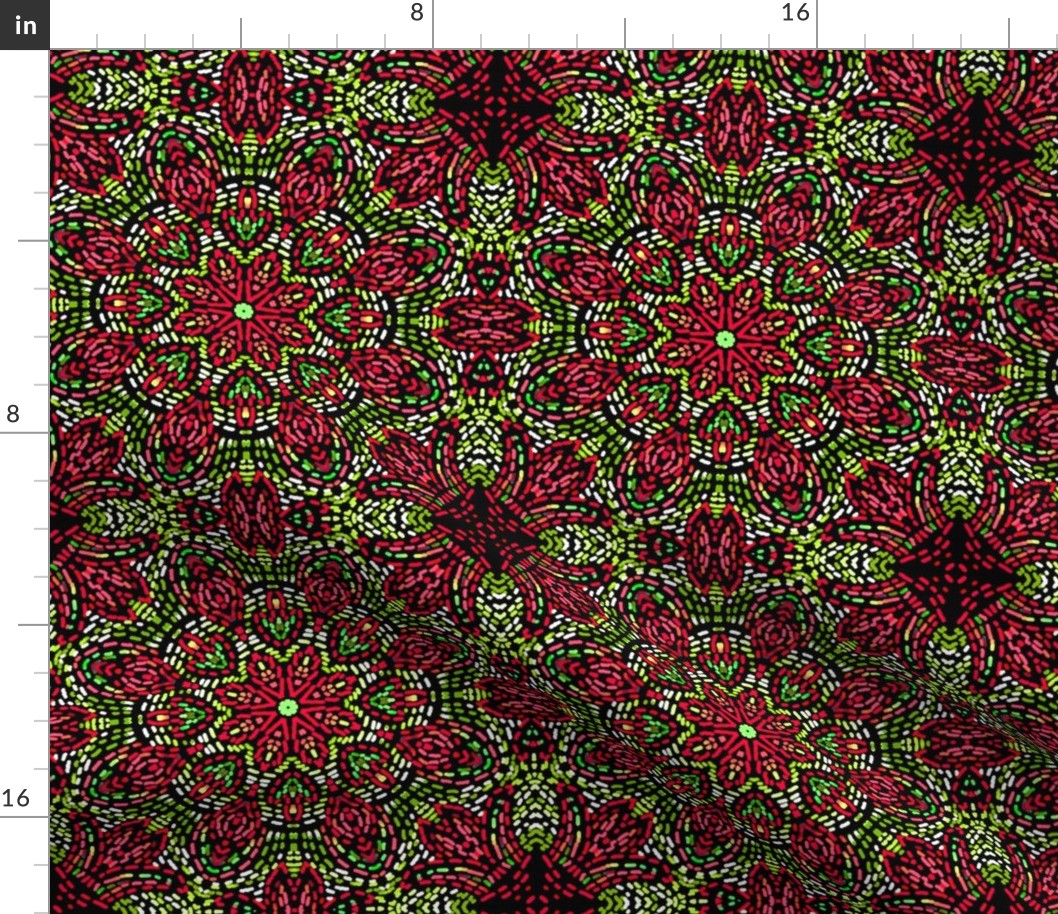 Kaleidoscope Mosaic Fleur de Lis and Drops In Christmas Red and Green