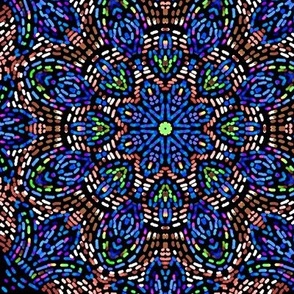 Kaleidoscope Mosaic Fleur de Lis and Drops Blue and Brown
