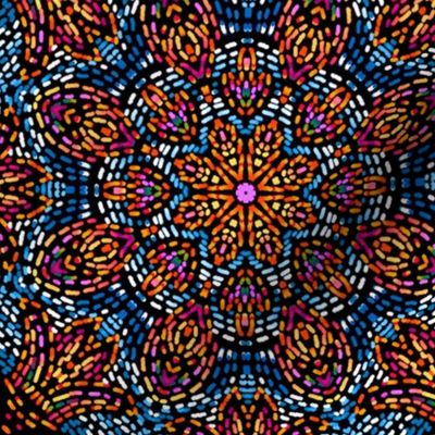 Kaleidoscope Mosaic Fleur de Lis and Drops in Blue and Orange