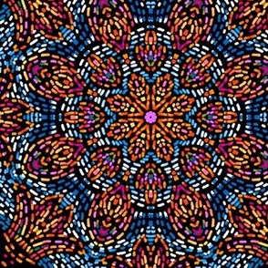 Kaleidoscope Mosaic Fleur de Lis and Drops in Blue and Orange