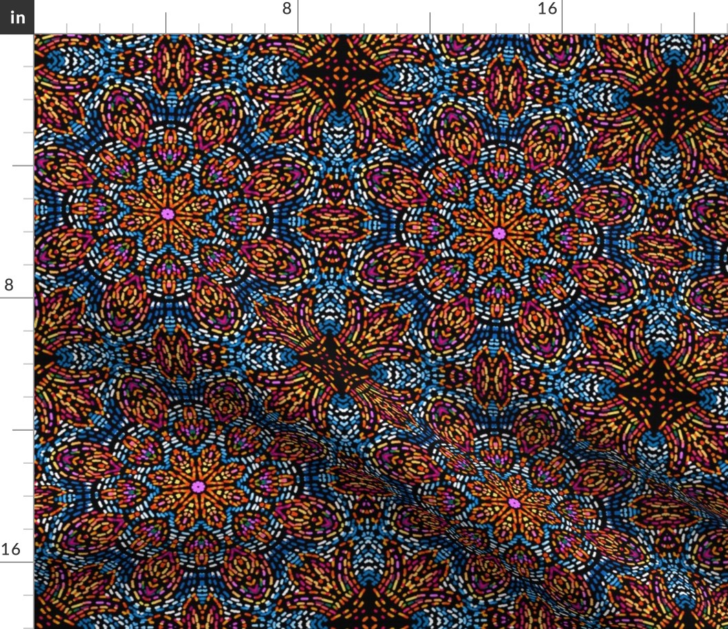 Kaleidoscope Mosaic Fleur de Lis and Drops in Blue and Orange