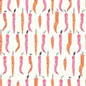 Hand painted orange and pink carrots on soft white background -  medium scale