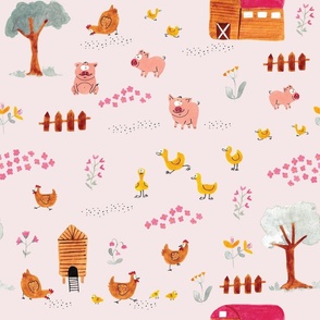 Hand painted barnyard animals on soft  pink background - medium scale