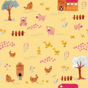 Hand painted barnyard animals on soft yellow background - medium scale