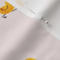 Hand painted running ducks and ducklings on soft pink background - large scale