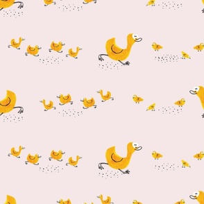 Hand painted running ducks and ducklings on soft pink background - large scale