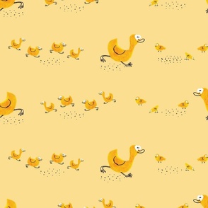 Hand painted running ducks and ducklings on soft yellow background - large scale