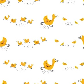 Hand painted running ducks and ducklings on soft white background - large scale