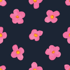 Simple hand painted floral on dark navy background - extra large scale