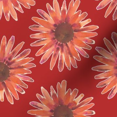 267 - Jumbo scale Sunflower field golden orange flowers on deep red background - jumbo scale for wallpaper, amazing bed linen, statement clothing and home decor