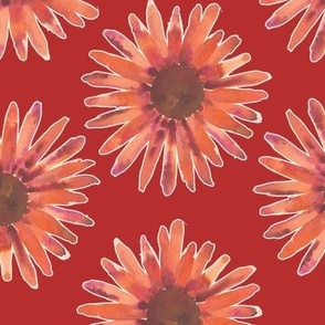 267 - Jumbo scale Sunflower field golden orange flowers on deep red background - jumbo scale for wallpaper, amazing bed linen, statement clothing and home decor