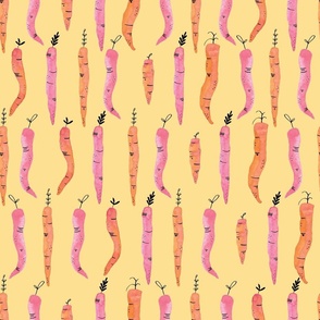 Hand painted orange and pink carrots on soft yellow background -  medium scale