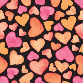 Hand painted pink and orange hearts on black  background - large scale