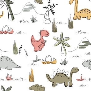 Khaki dinosaurs and prehistoric scene on soft white background - large scale