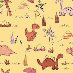 Coral dinosaurs and prehistoric scene on soft yellow background - large scale