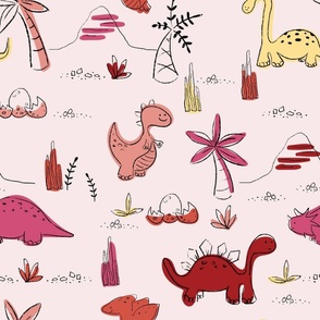 Pink dinosaurs and prehistoric scene on soft pink background - large scale