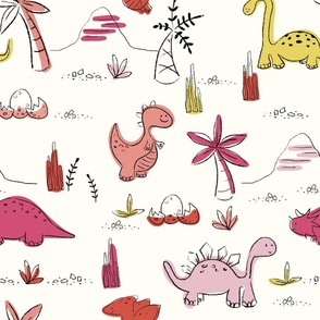 Pink dinosaurs and prehistoric scene on soft white background - large scale