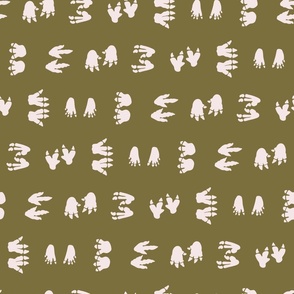 Khaki dinosaurs foot prints on light pink background - small scale
