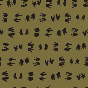 Black dinosaurs foot prints on khaki background - small scale