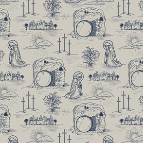He is Not Here, For He is Risen, Easter Toile de Jouy, Navy on Taupe by Brittanylane
