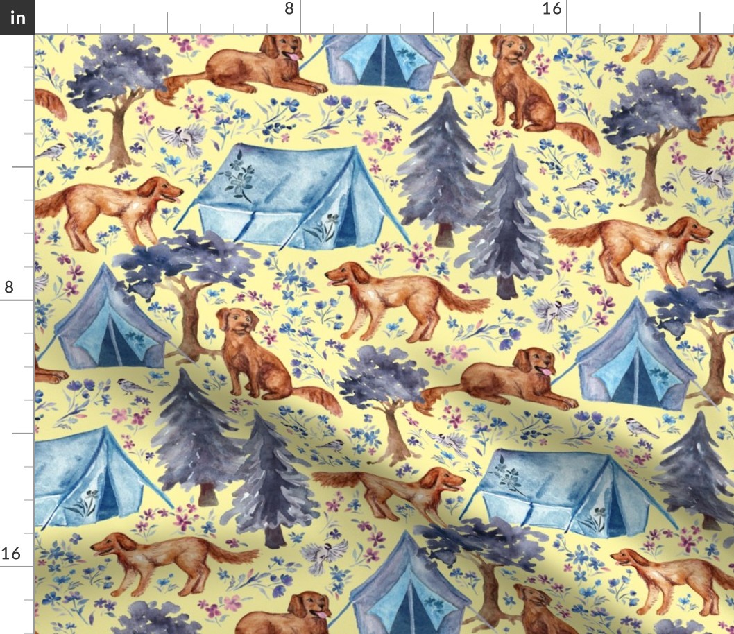 Red Golden Retrievers Go Camping - medium on yellow