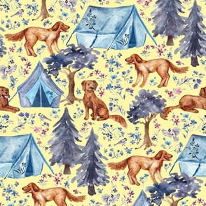 Red Golden Retrievers Go Camping - large on yellow