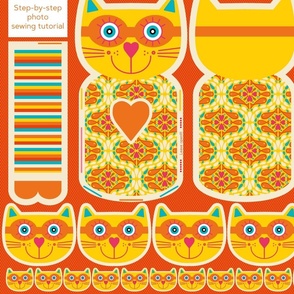 cut and sew stuffed animal fun soft toy cat - ogee-yellow-orange beige-fish- FREDDY - crazy cat companion