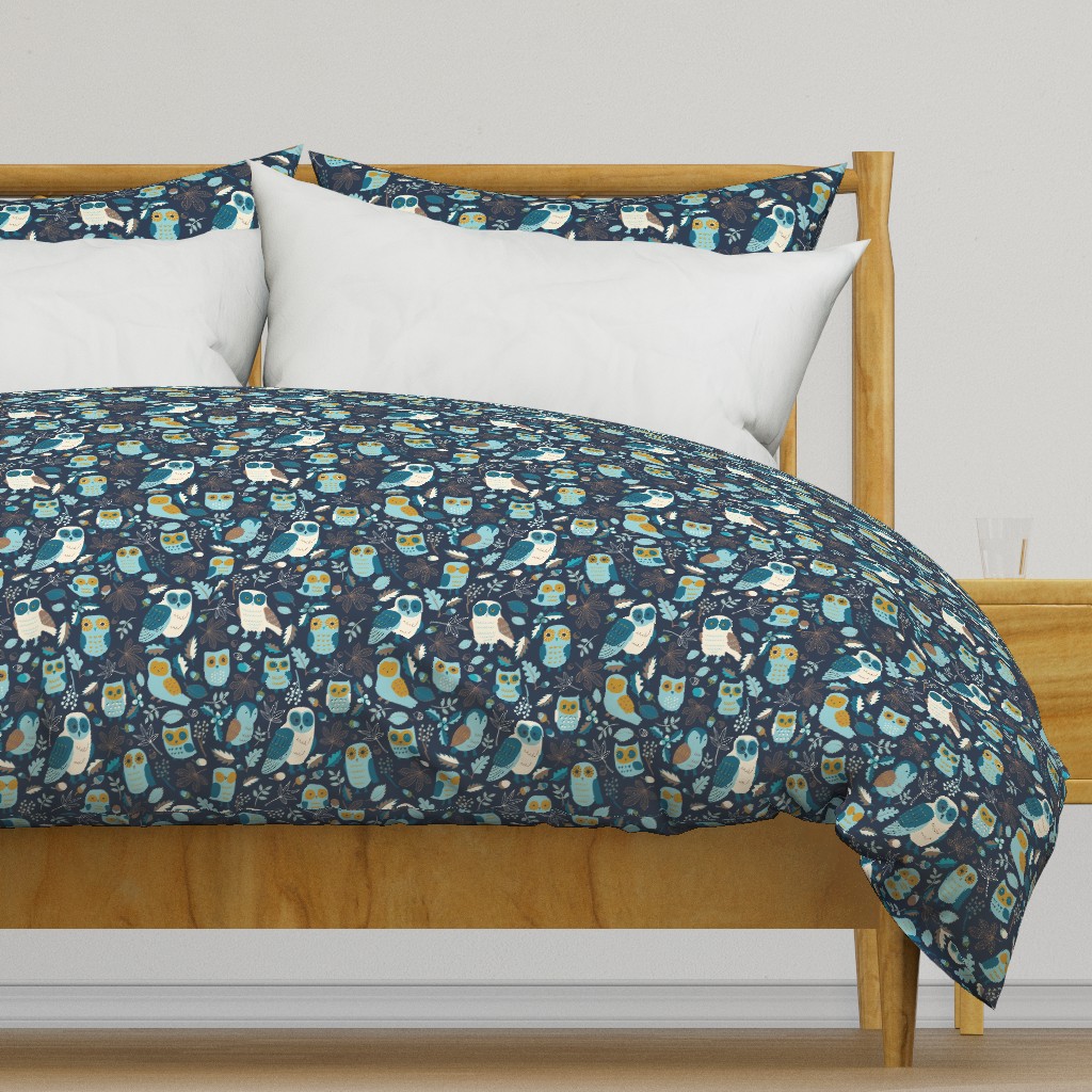 Owls in Autumn - Mustard, turquoise and teal on navy - Medium