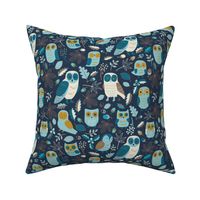 Owls in Autumn - Mustard, turquoise and teal on navy - Medium