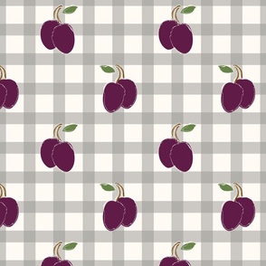 Purple Plums on grey and white gingham pattern - large