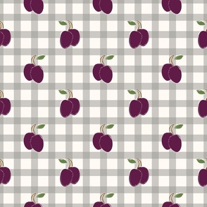 Purple Plums on grey and white gingham pattern - medium