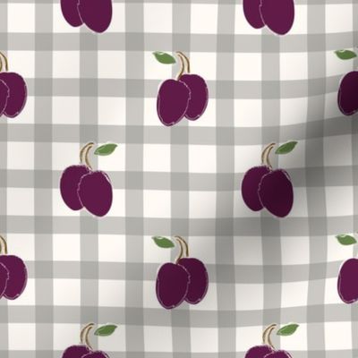 Purple Plums on grey and white gingham pattern - small