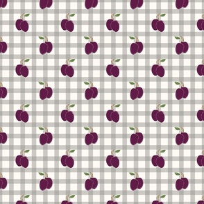 Purple Plums on grey and white gingham pattern - small