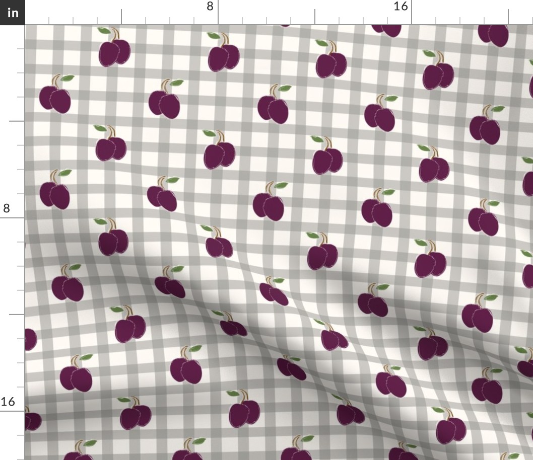 Purple Plums on grey and white gingham pattern - small