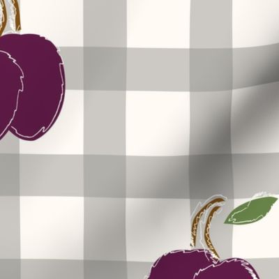 Purple Plums on grey and white gingham pattern - xl